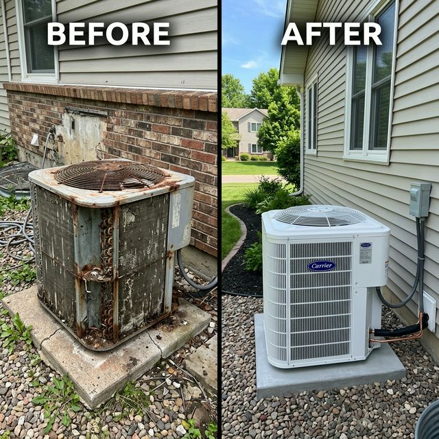 Before and after AC replacement by Waubun HVAC Pros — left: old corroded aging central air conditioner unit; right: new high-efficiency Carrier AC unit installed at a Mahnomen County home