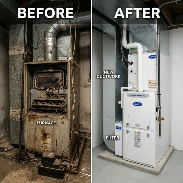 Before and after furnace replacement by Waubun HVAC Pros — left: old dirty failing furnace with corroded heat exchanger; right: brand new high-efficiency furnace installed in a Waubun MN home basement