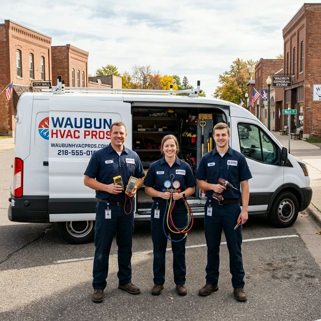 Waubun HVAC Pros team of licensed HVAC technicians standing in front of their service van in Waubun, MN