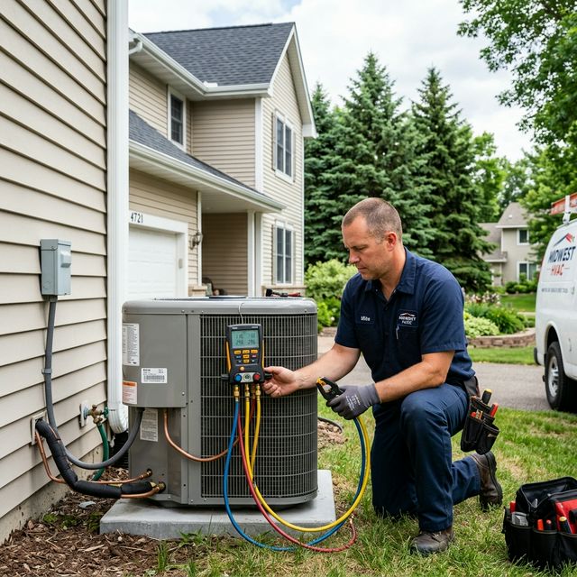 Waubun HVAC Pros licensed technician performing air conditioning repair on a central AC unit at a Minnesota home